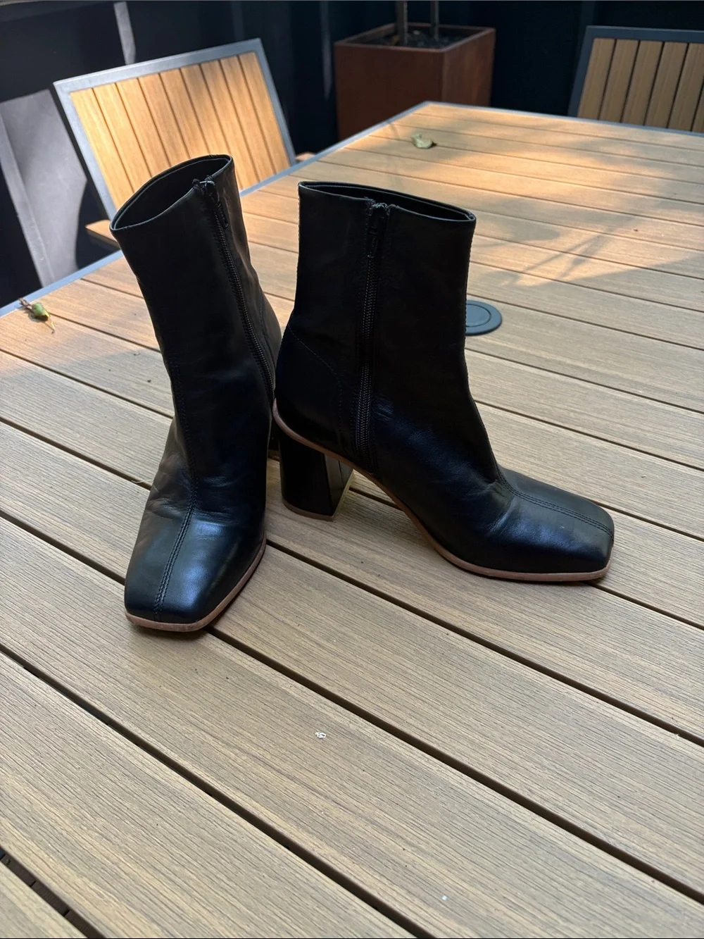 Free People Black Leather Square-Toe Block Heel Ankle Boots